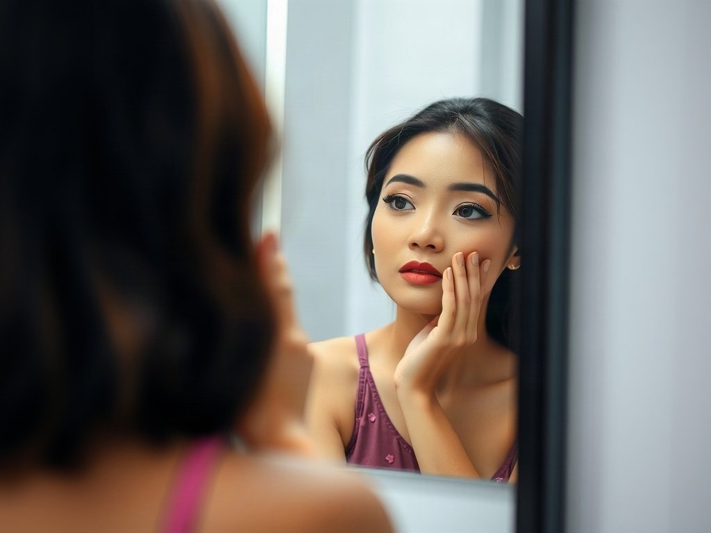 Gương trang điểm phản chiếu một phụ nữ Việt Nam trang điểm với hậu cảnh sạch sẽ.