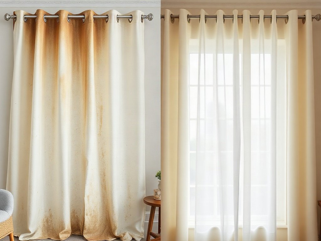 Hai rèm cửa đặt cạnh nhau - một sạch và một bẩn