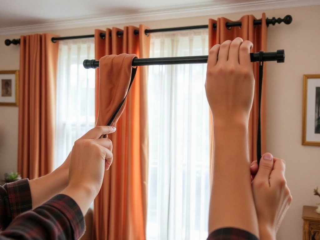 Hai tay cầm thanh rèm đang lắp rèm vừa giặt xong