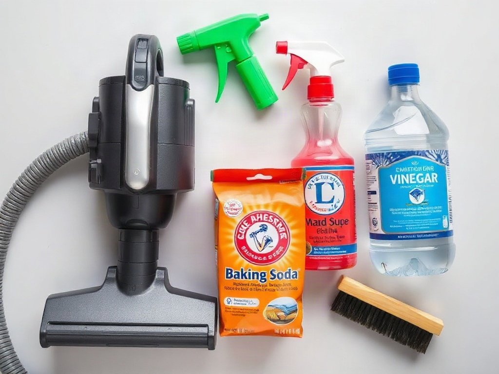 Hình ảnh các dụng cụ vệ sinh như máy hút bụi, baking soda, giấm, và bàn chải