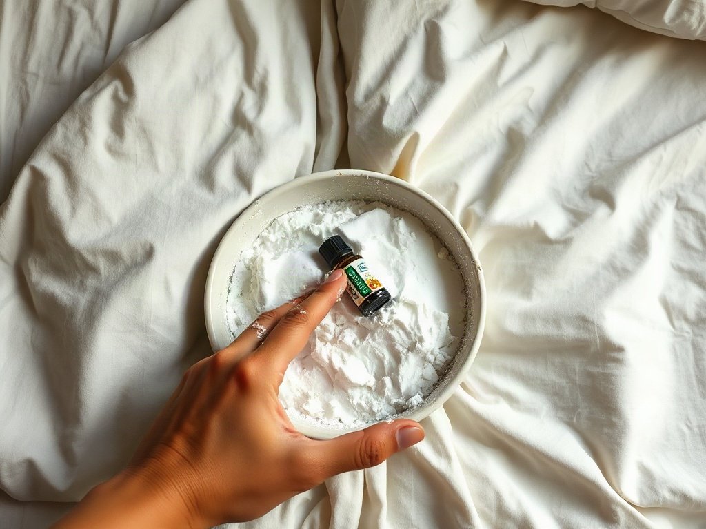 Hỗn hợp soda và tinh dầu tự nhiên được rắc lên chăn ga gối bởi bàn tay người Việt.