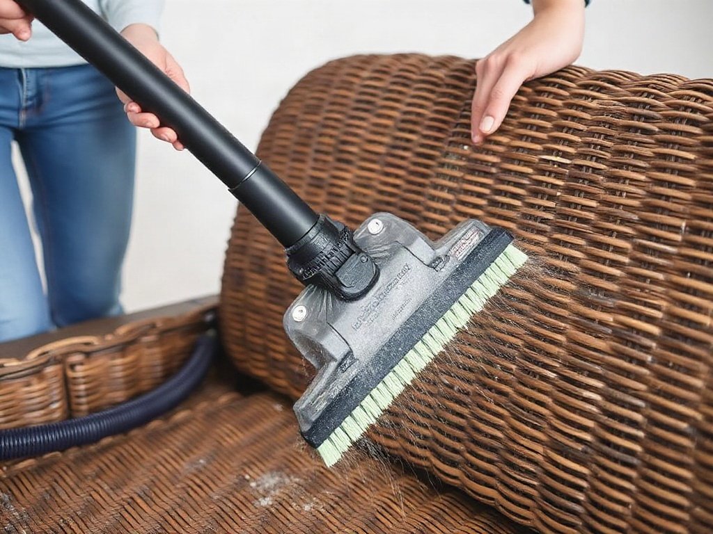 Hút bụi cho ghế mây bằng đầu chổi hút bụi.