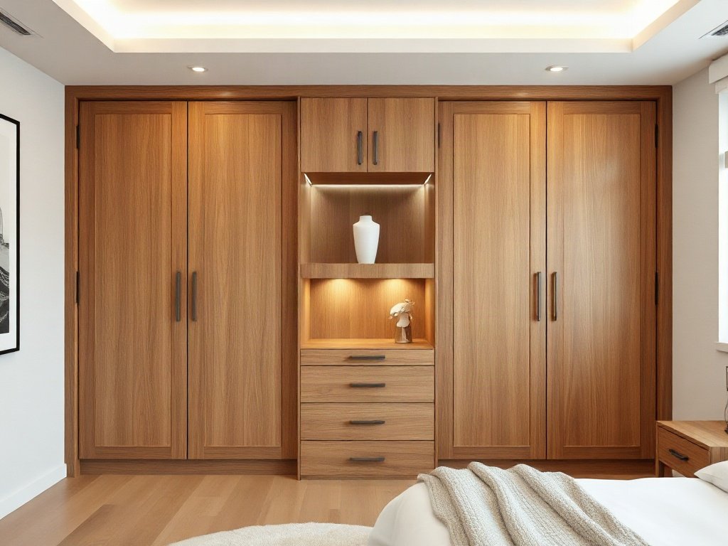 Tủ quần áo gỗ tự nhiên năm cánh trong phòng ngủ hiện đại