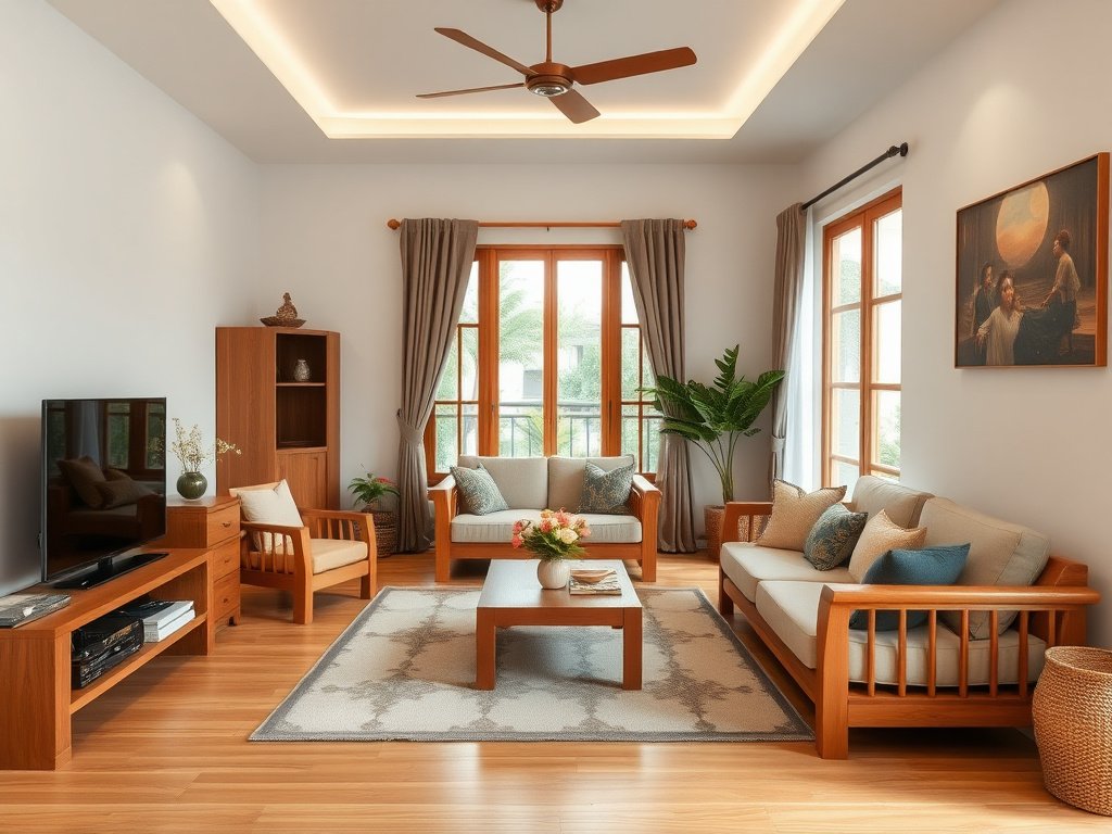 Phòng khách ấm cúng với đồ nội thất gỗ tự nhiên tại Việt Nam.