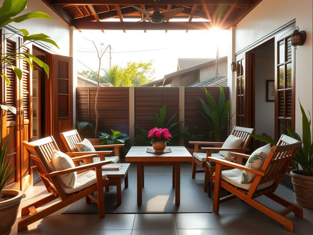 Đồ nội thất gỗ trên hiên ngoài trời tại nhà Việt Nam