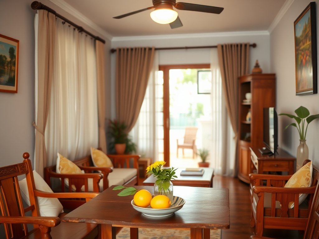 Phòng khách Việt Nam với đồ nội thất gỗ và chanh trên bàn