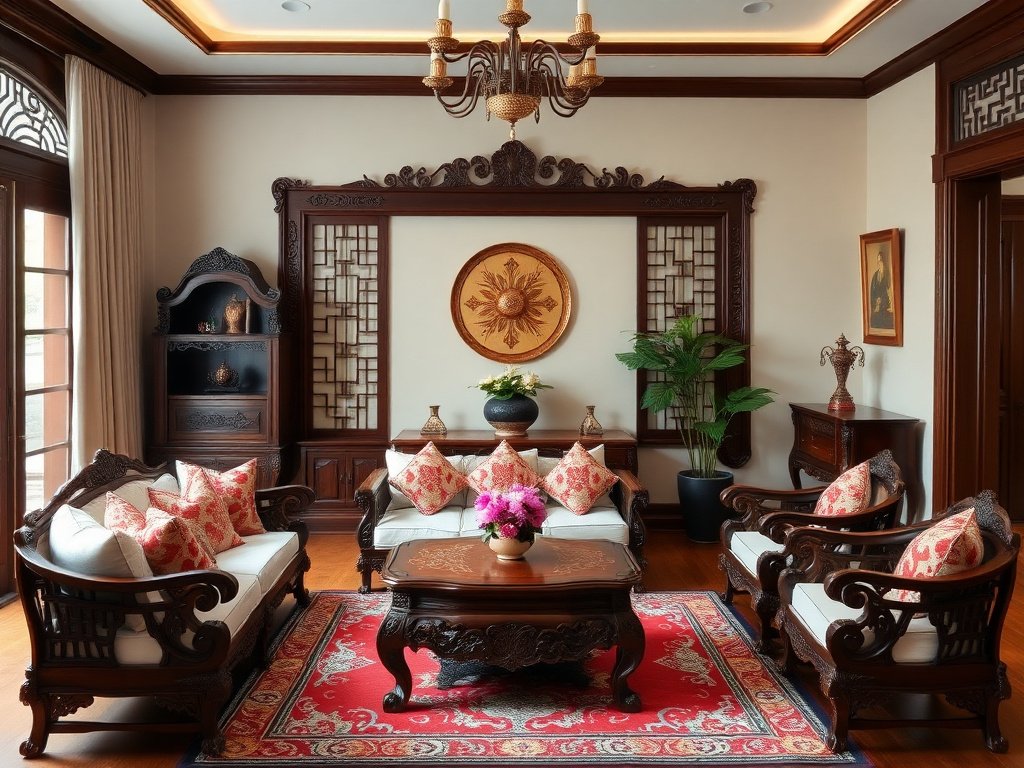 Nội thất gỗ chạm khắc trong phòng khách Việt Nam