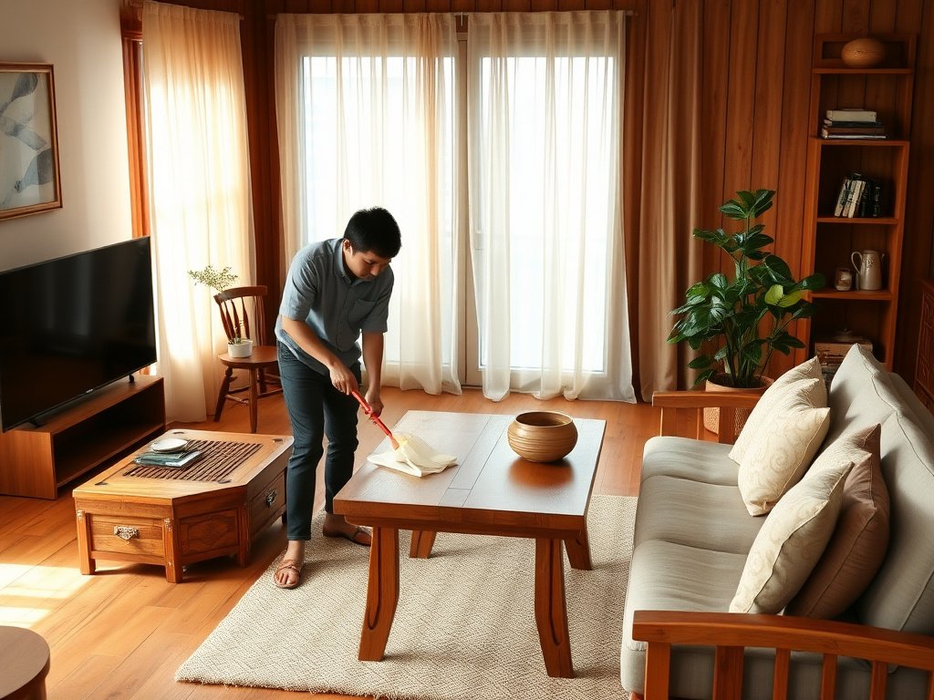 Phòng khách ấm cúng với nội thất gỗ tự nhiên.