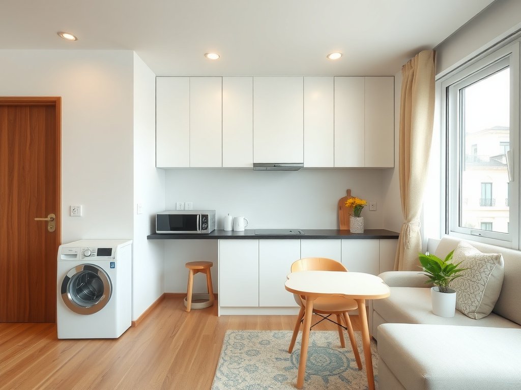 Căn hộ hiện đại Việt Nam với máy giặt trong khu bếp