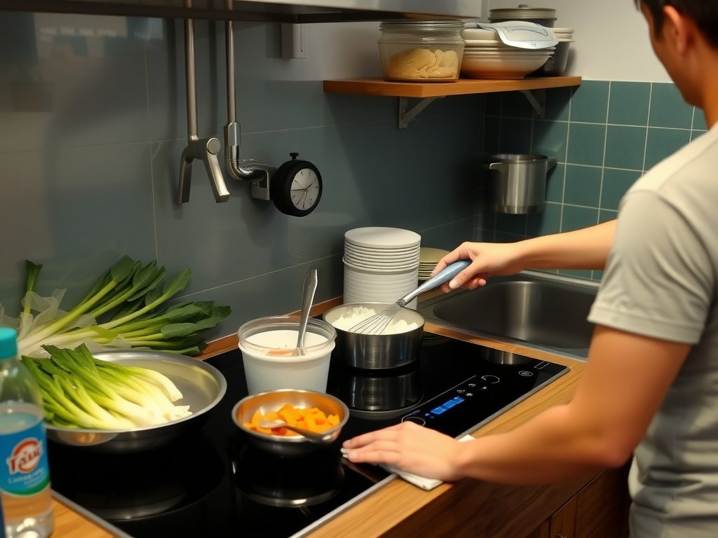 Nội thất bếp Việt hiện đại với bếp từ đang chuẩn bị được làm sạch.