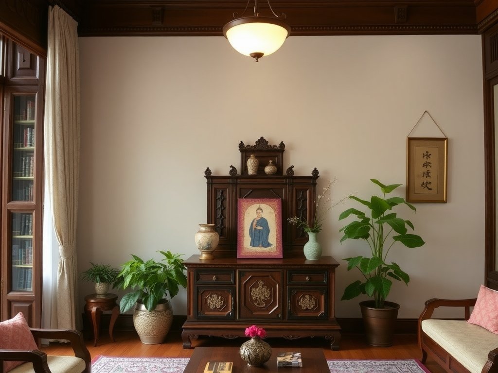 Phòng khách Việt Nam với tủ thờ gỗ truyền thống.