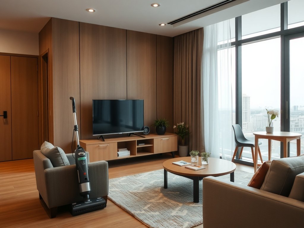 Phòng khách hiện đại với máy hút bụi trong căn hộ Việt Nam