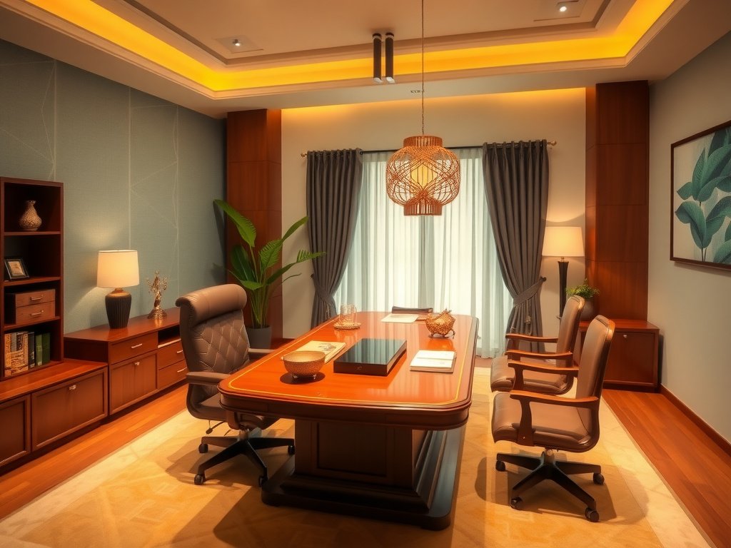 Nội thất văn phòng Việt Nam ấm cúng với bàn làm việc thu hút tài lộc.