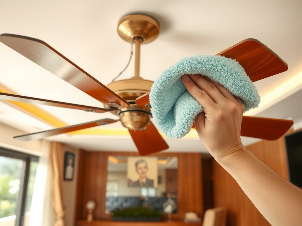 Làm sạch lưỡi quạt trần bằng khăn thấm vi sợi trong căn hộ sang trọng tại Việt Nam.