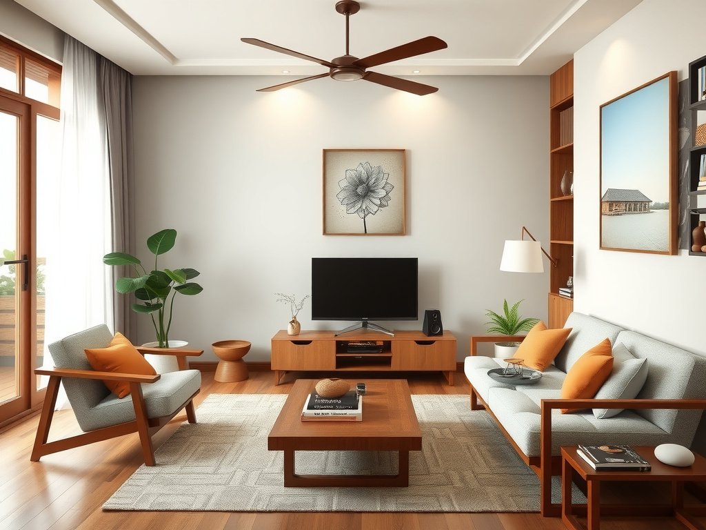 Phòng khách Việt Nam với nội thất gỗ hiện đại.