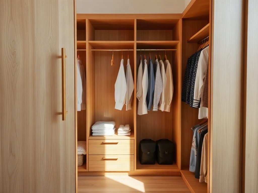 Nội thất tủ quần áo gỗ với quần áo gọn gàng