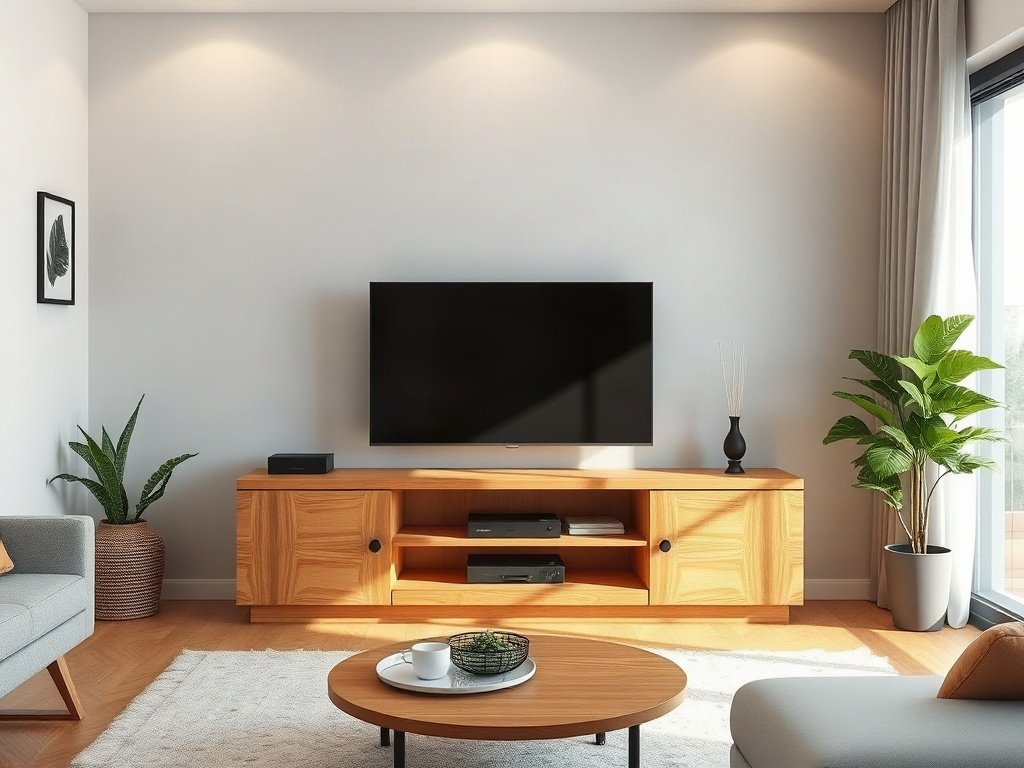 Phòng khách hiện đại với kệ tivi gỗ tự nhiên