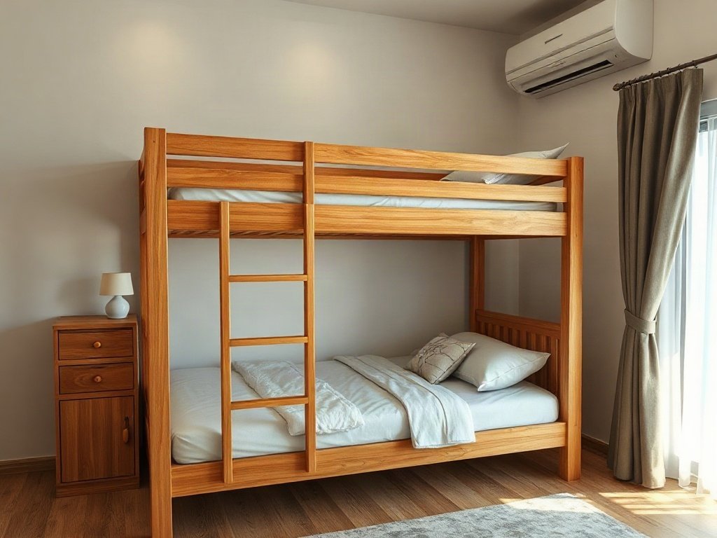 Giường tầng gỗ hiện đại trong căn hộ tại Việt Nam ánh sáng tự nhiên
