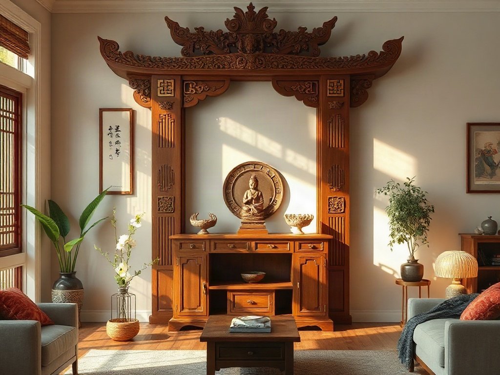 Bàn thờ gỗ trong phòng khách với ánh sáng tự nhiên.