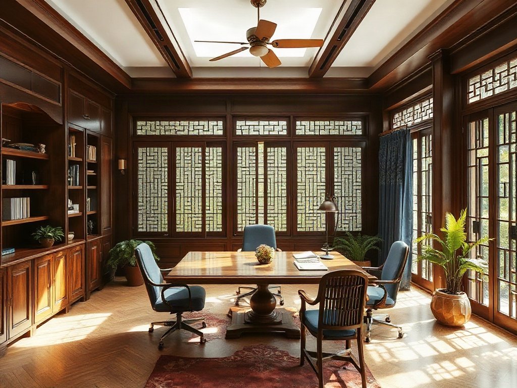 Phòng làm việc gỗ phong cách Việt Nam với ánh sáng tự nhiên