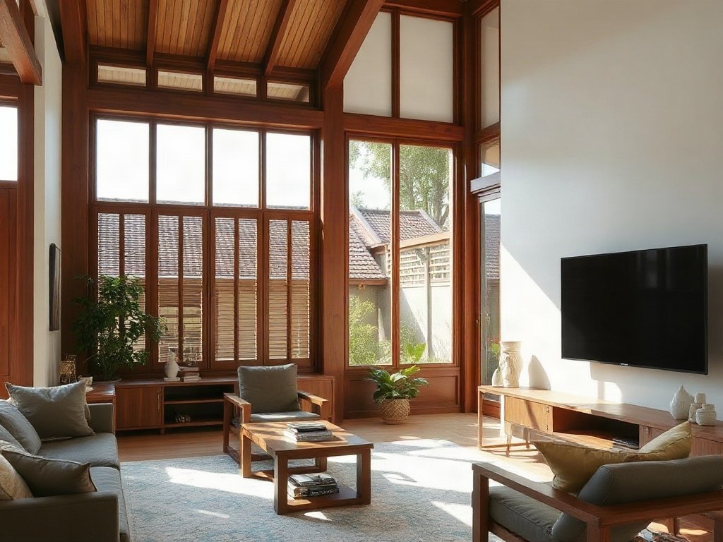 Phòng khách hiện đại với kệ tivi gỗ, kiến trúc Việt Nam, ánh sáng tự nhiên.