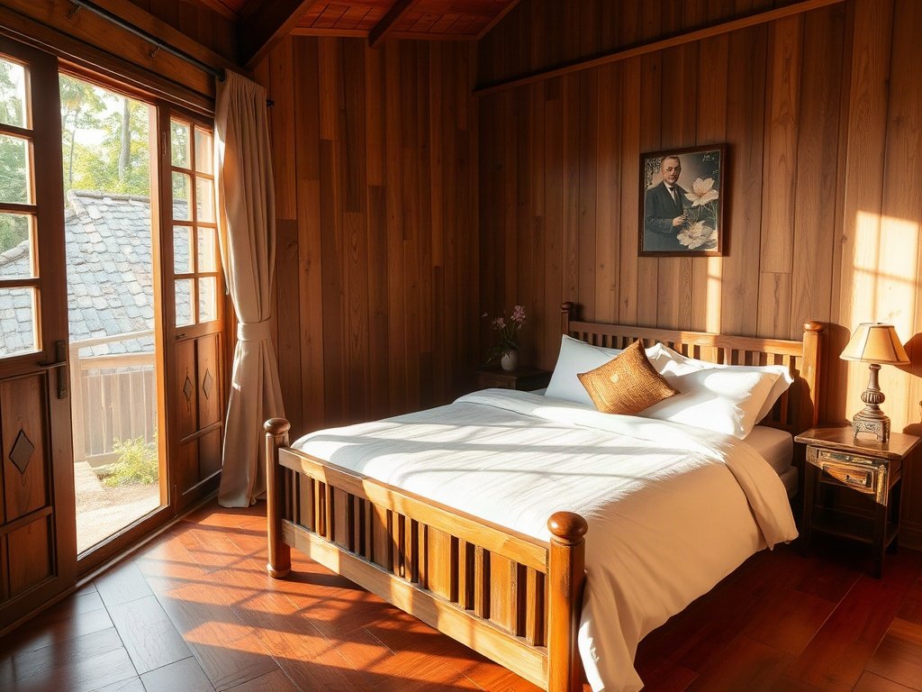 Phòng ngủ với giường gỗ và ánh sáng tự nhiên