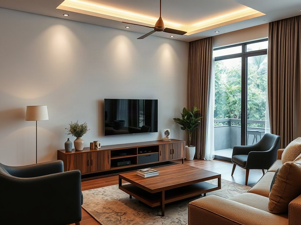 Phòng khách Việt Nam với kệ tivi gỗ và ánh sáng tự nhiên