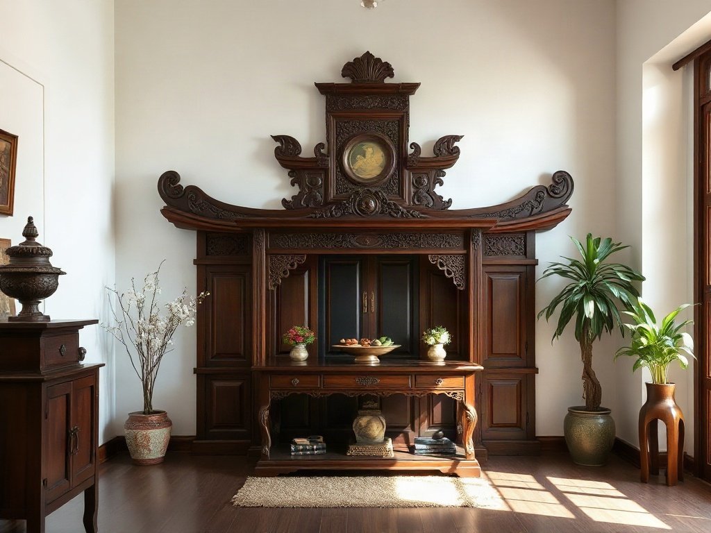 Bàn thờ gỗ truyền thống Việt Nam trong không gian gia đình.