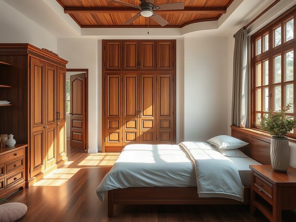 Nội thất phòng ngủ Việt Nam với tủ quần áo mở bằng gỗ.