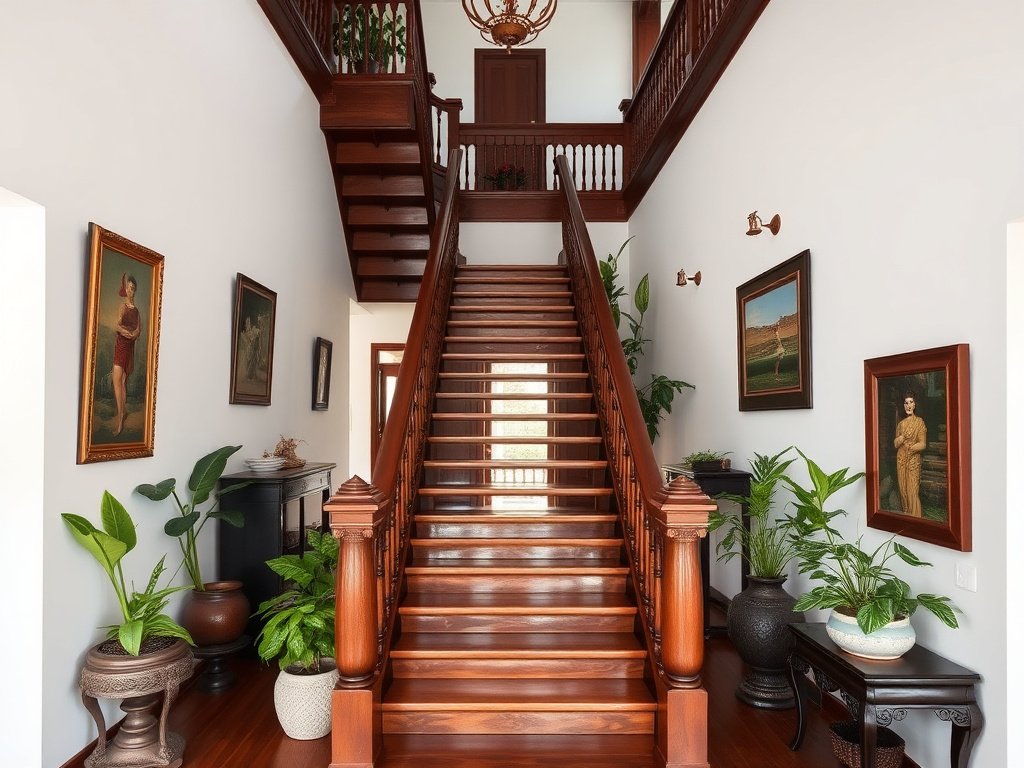 Cầu thang gỗ trong biệt thự Việt Nam với trang trí và cây xanh.