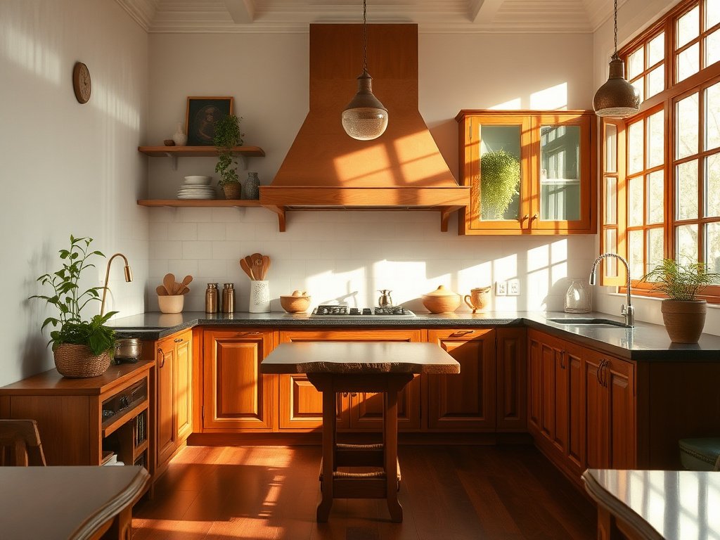 Nhà bếp Việt Nam sáng sủa với tủ gỗ thanh lịch.
