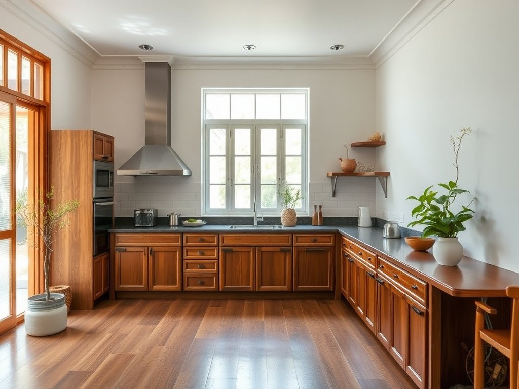 Nhà bếp Việt Nam rộng rãi với tủ gỗ, tập trung vào ánh sáng tự nhiên