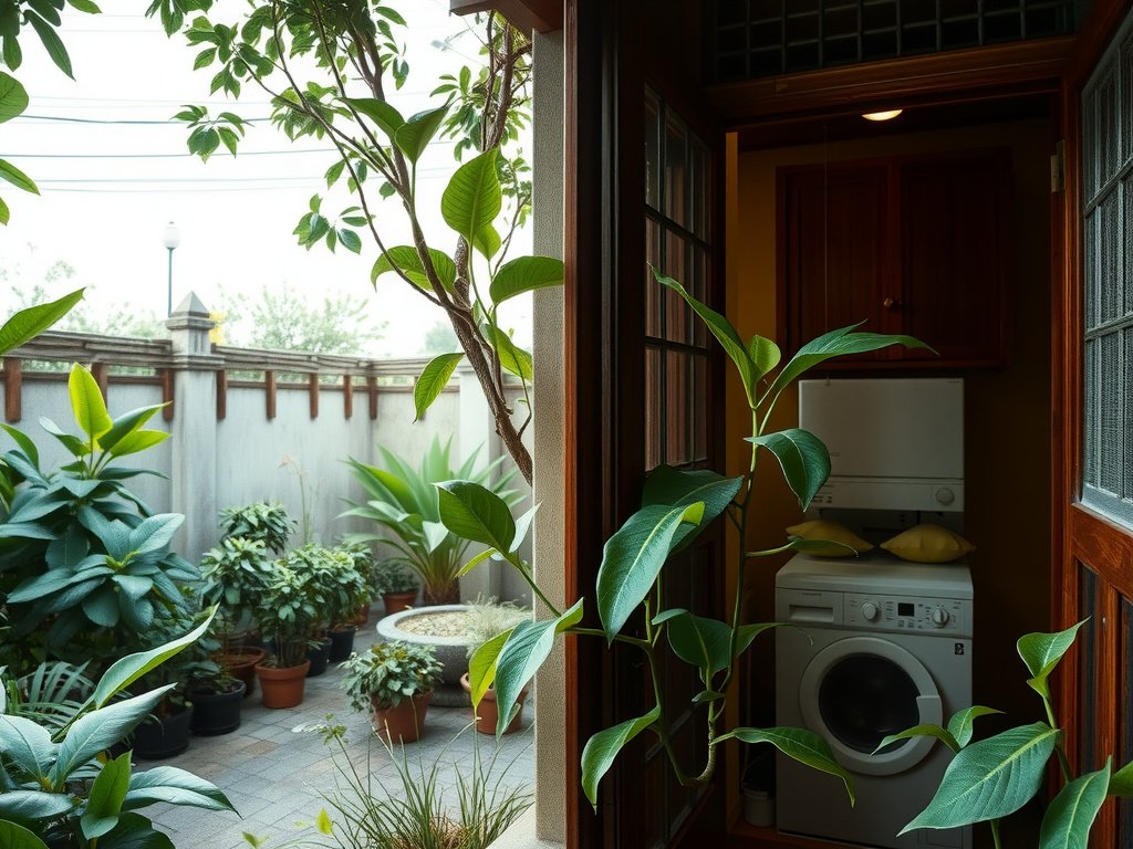 Vườn yên tĩnh Việt Nam với cửa sổ nhìn thấy máy giặt bên trong