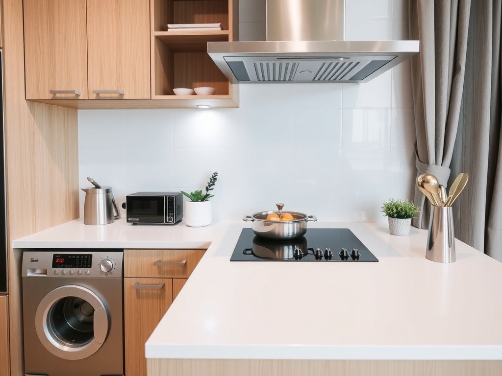 Nội thất bếp hiện đại tại chung cư Việt Nam với bếp từ bóng sáng.