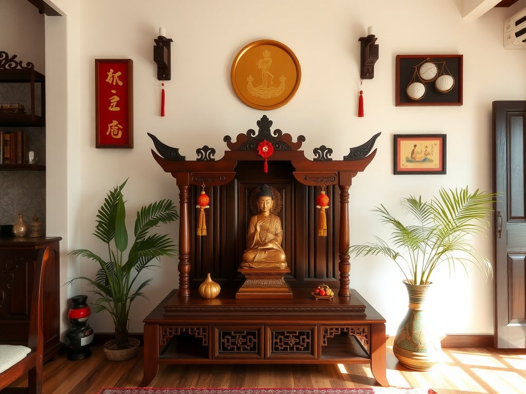 Tủ thờ gỗ trong căn nhà Việt Nam ấm cúng.