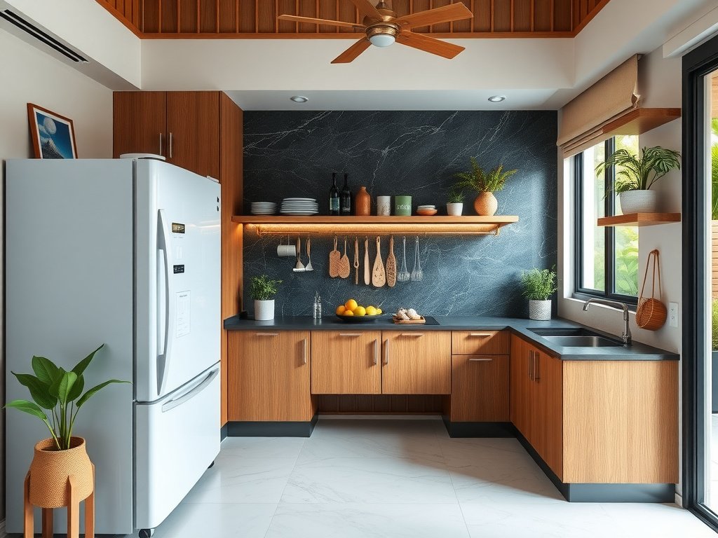 Nhà bếp căn hộ Việt ấm cúng với tủ lạnh và chất khử mùi.
