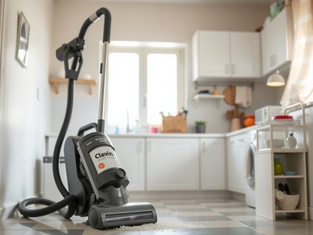 Máy hút bụi với thùng chứa bụi mở đang được làm sạch trong nhà bếp Việt sáng sủa