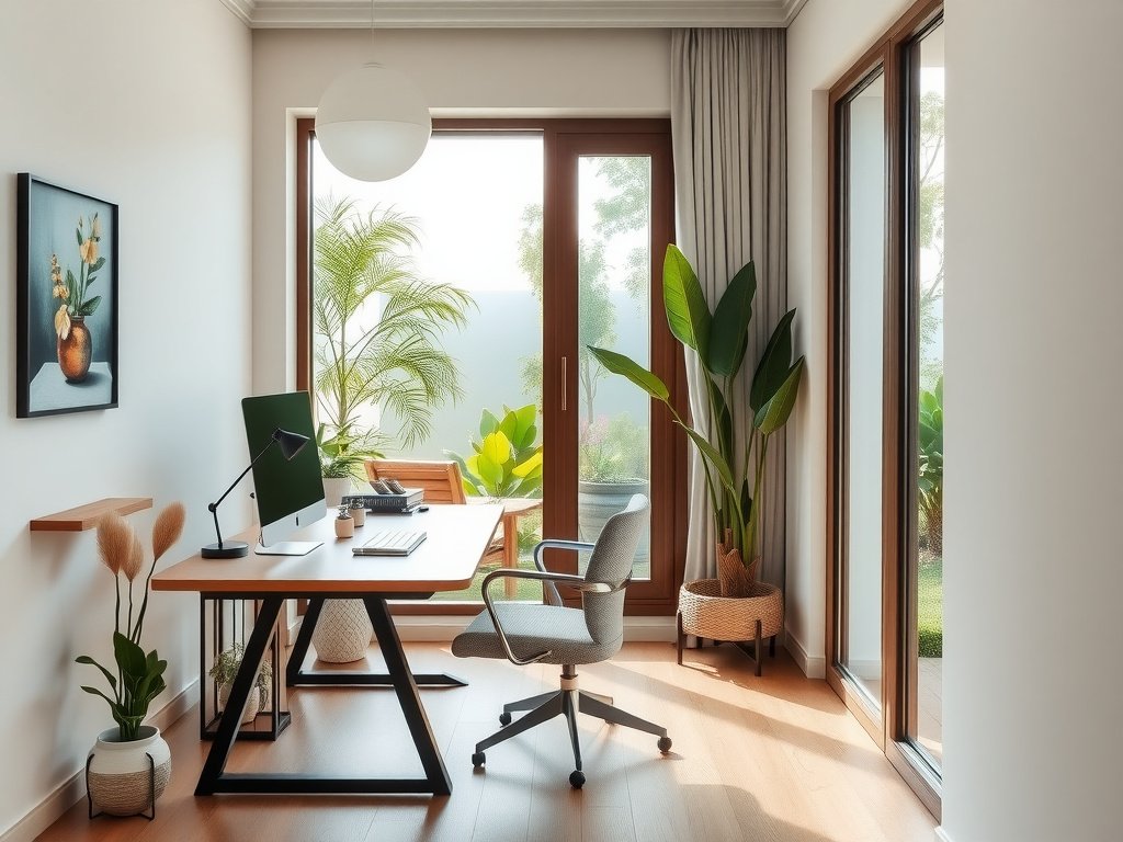 Góc làm việc tại nhà nhìn ra khu vườn Việt Nam.