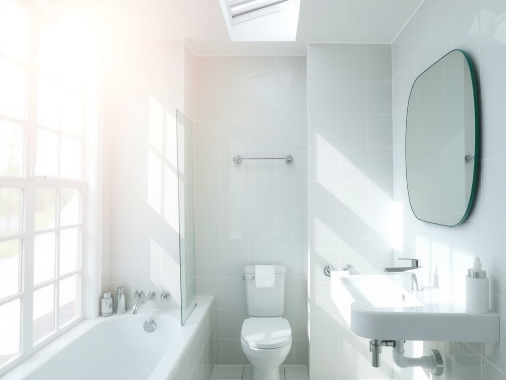 Ánh sáng tự nhiên chiếu vào phòng tắm vệ sinh sạch sẽ.