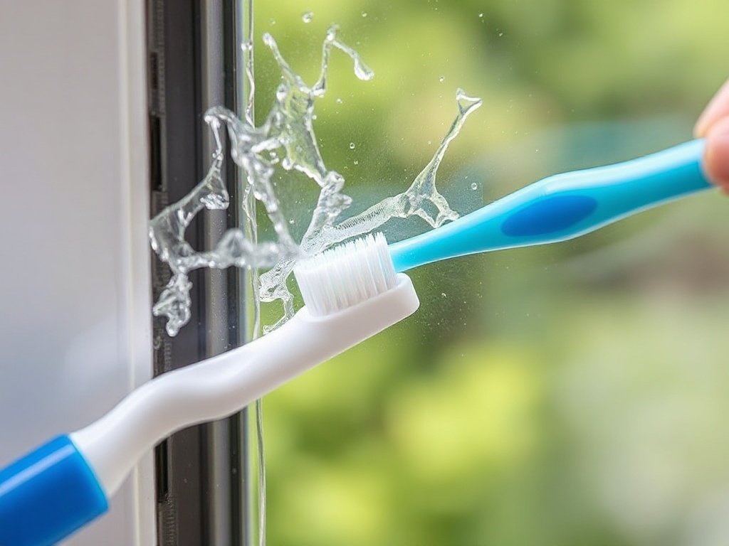 Cận cảnh góc cửa kính được lau sạch bằng bàn chải cho khe nhỏ.