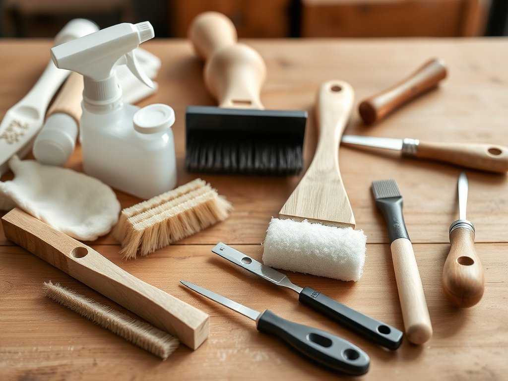 Bộ dụng cụ vệ sinh nội thất gỗ trên bàn