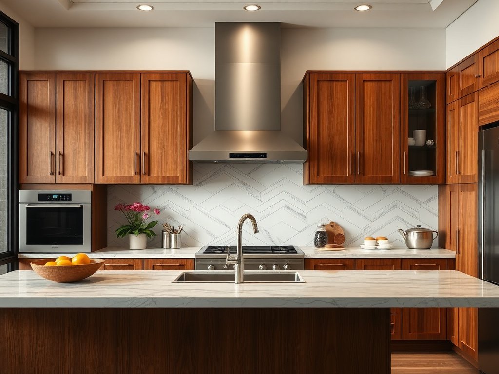Nhà bếp sang trọng Việt Nam với tủ gỗ dính kẹo đang được làm sạch.