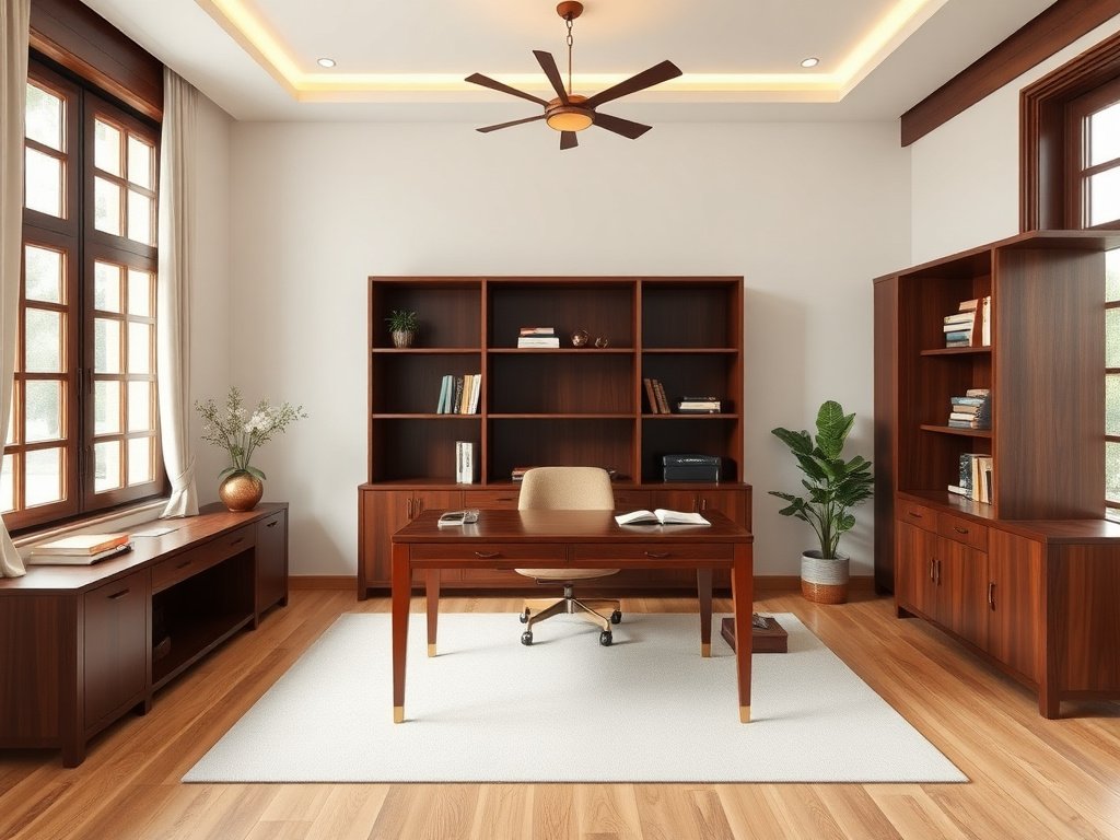 Phòng học Việt Nam với bàn gỗ gụ và ánh sáng hiện đại.