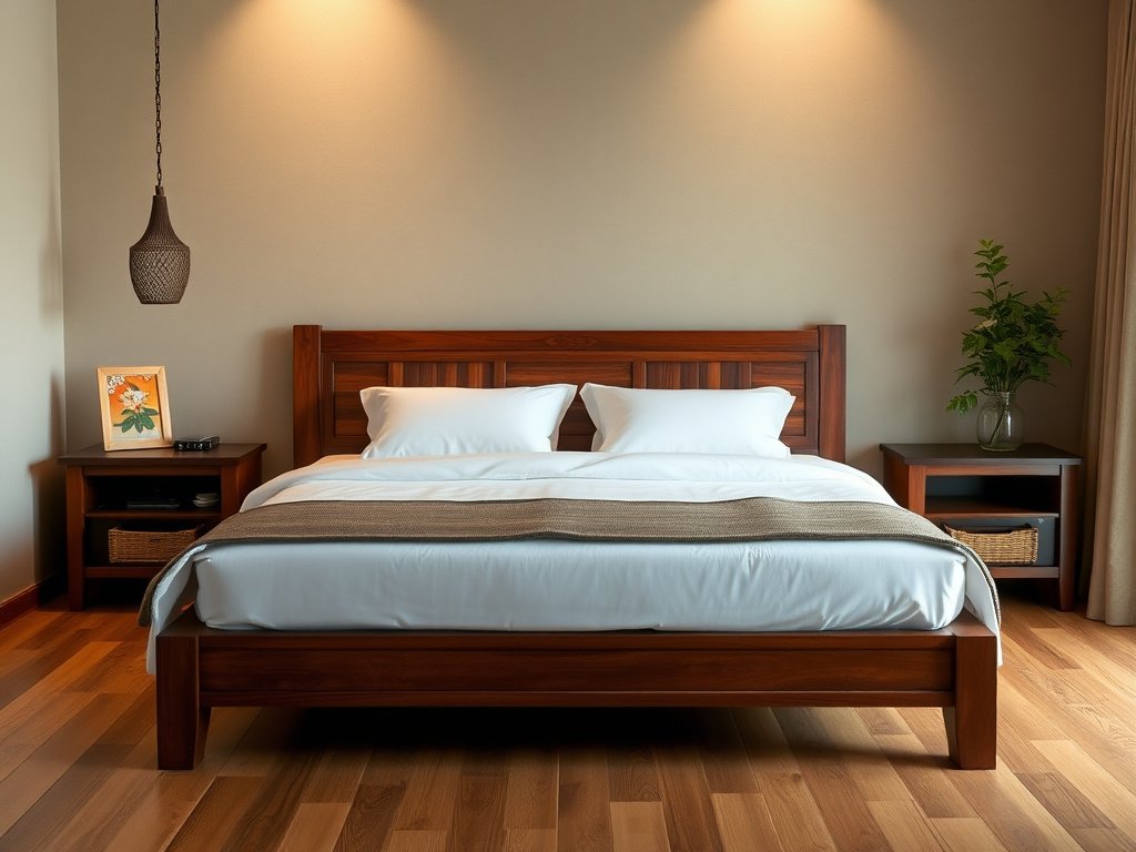 Giường gỗ Việt Nam chất lượng cao trong phòng ngủ ấm cúng.