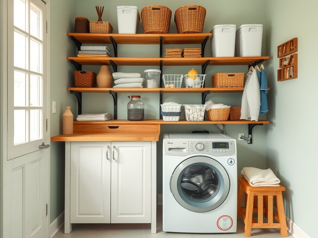 Phòng giặt Việt Nam tổ chức tốt với kệ gỗ và máy giặt cửa trước