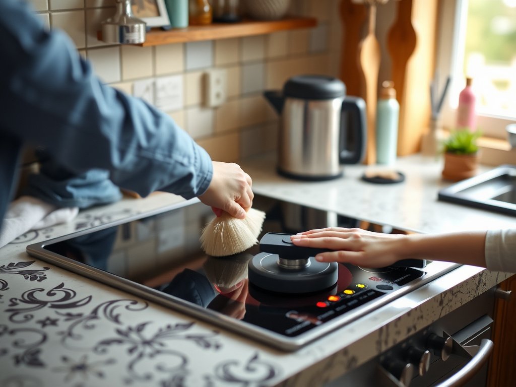 Người đang đánh bóng bếp từ trong nhà bếp ấm cúng.