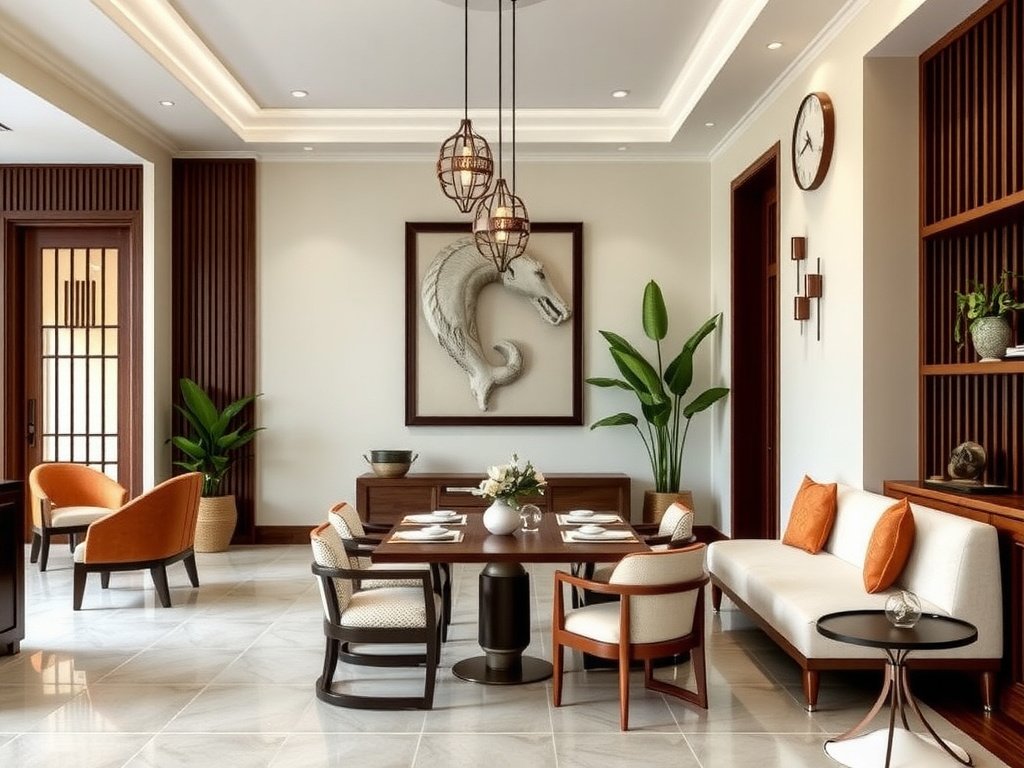 Trang trí truyền thống Việt Nam với kết hợp hiện đại trong một bối cảnh sạch sẽ