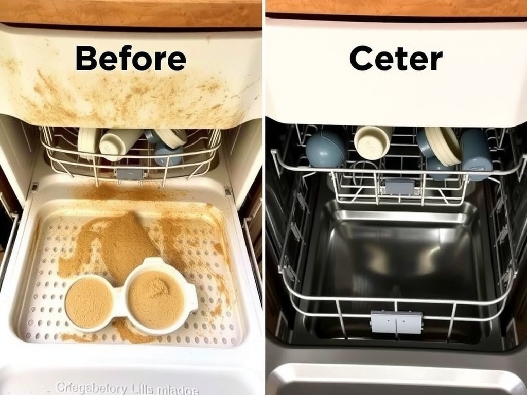 So sánh máy rửa bát bẩn và sạch với nội thất sáng bóng.