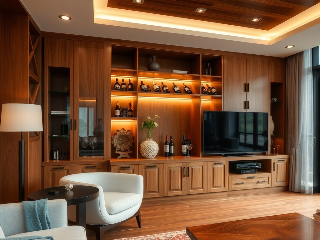 Tủ rượu gỗ tự nhiên trong khu vực giải trí của biệt thự sang trọng Việt Nam