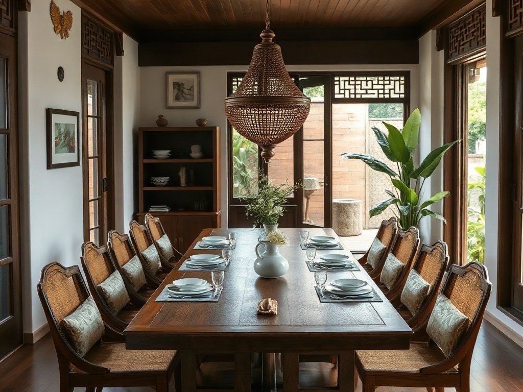 Khu vực ăn uống Việt Nam với bàn ăn gỗ đẹp